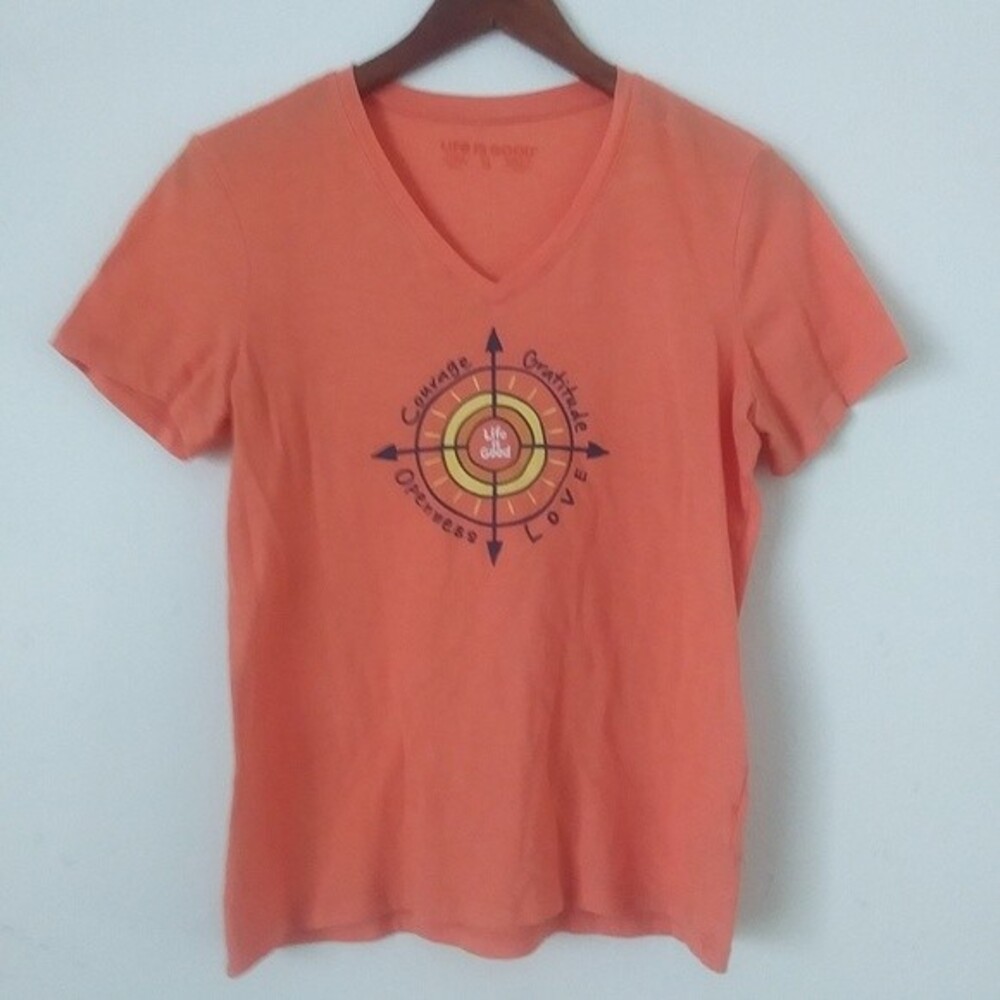 Life Is Good Short-Sleeve V-neck Tee,  Orange Compass/Sun Graphic